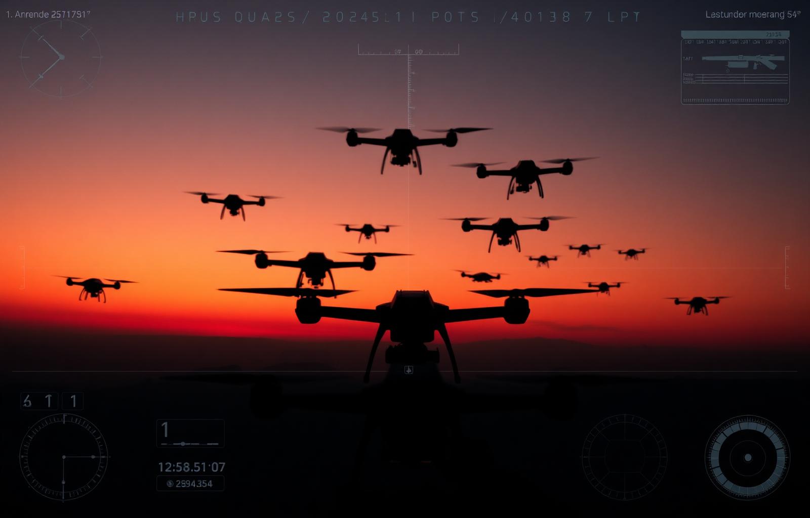 Hostile drone swarm at dusk with surveillance HUD